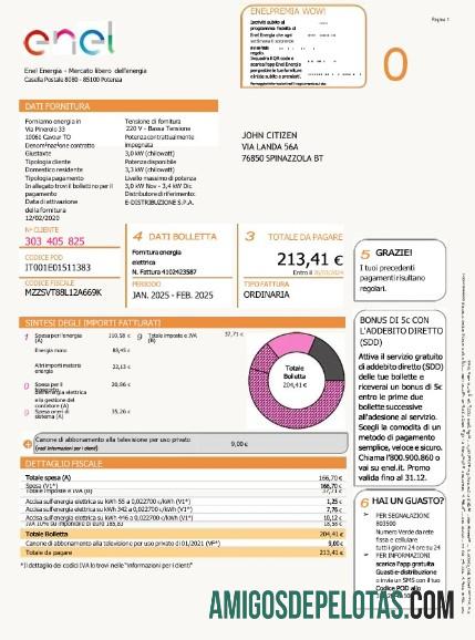 imprimível Modelo Word e PDF de conta de serviços públicos da Enel Energia na Itália